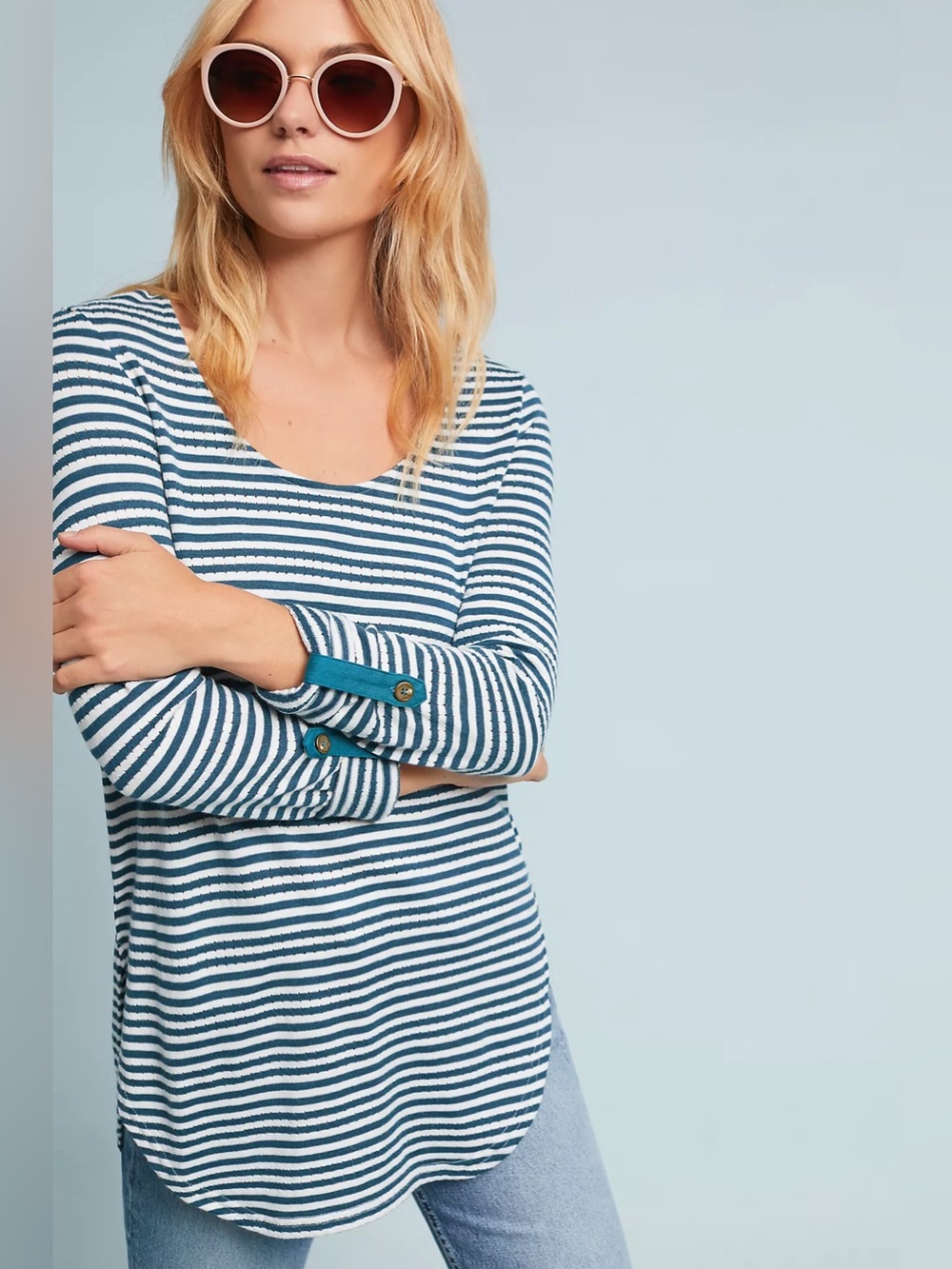 Anthropologie Akemi + Kin Sylvia Pointelle Teal Blue White Striped Top Sz L